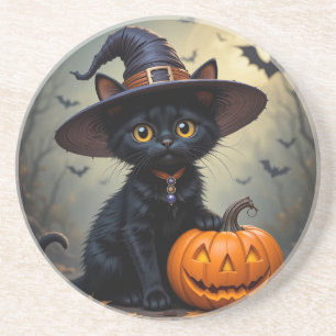 Posavasos Gato negro adorable que lleva sombrero de bruja