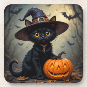 Posavasos Gato negro adorable que lleva sombrero de bruja