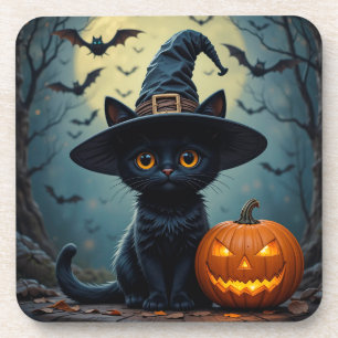 Posavasos Gato negro adorable que lleva sombrero de bruja
