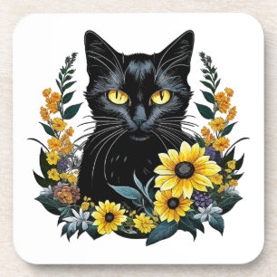 Posavasos gato negro con flores