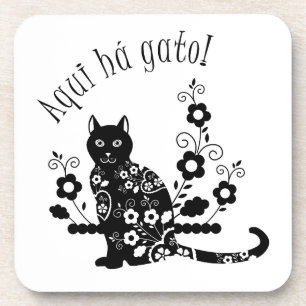 Posavasos Gato negro con flores y expresión portuguesa
