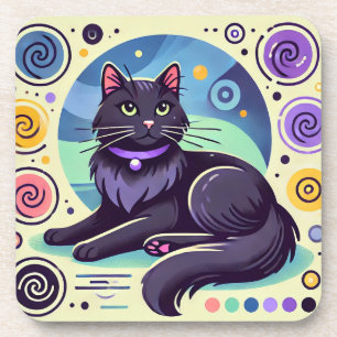 Posavasos Gato negro con fondo de colores brillantes