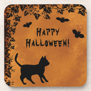 Posavasos Gato negro con murciélago, Feliz Halloween