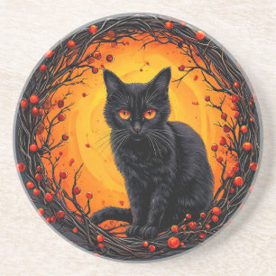 Posavasos Gato negro de Halloween con ojos brillantes