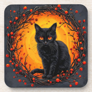 Posavasos Gato negro de Halloween con ojos brillantes