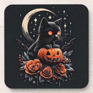 Posavasos Gato negro de Halloween, luna y calabaza