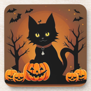 Posavasos Gato negro de Halloween rodeado de Jack-o'-Lantern