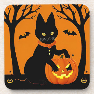 Posavasos Gato negro de Halloween rodeado de Jack-o'-Lantern