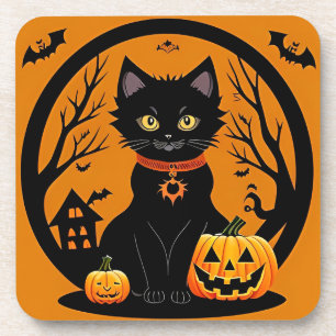 Posavasos Gato negro de Halloween rodeado de Jack-o'-Lantern