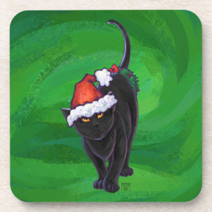 Posavasos Gato negro de Navidad sobre verde