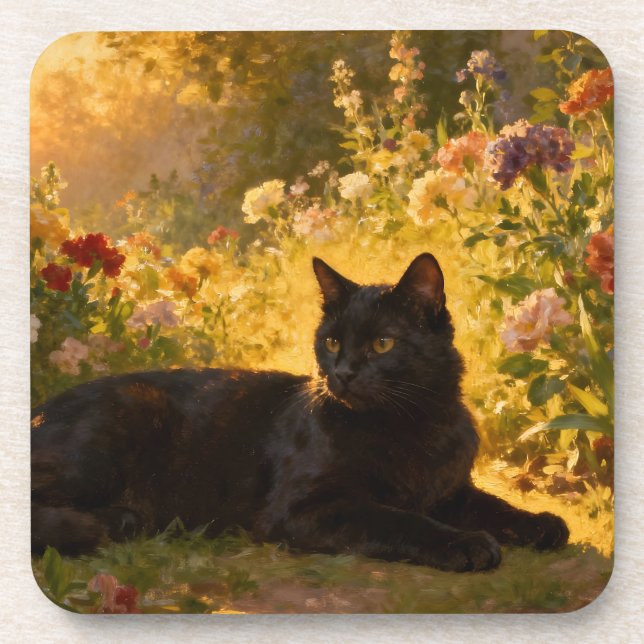 Posavasos Gato Negro en las Flores I (Frente)