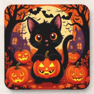 Posavasos Gato negro lindo con calabazas de Halloween