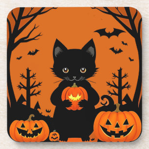 Posavasos Gato negro lindo con calabazas de Halloween