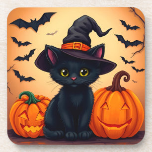 Posavasos Gato negro lindo con sombrero de bruja rodeado de
