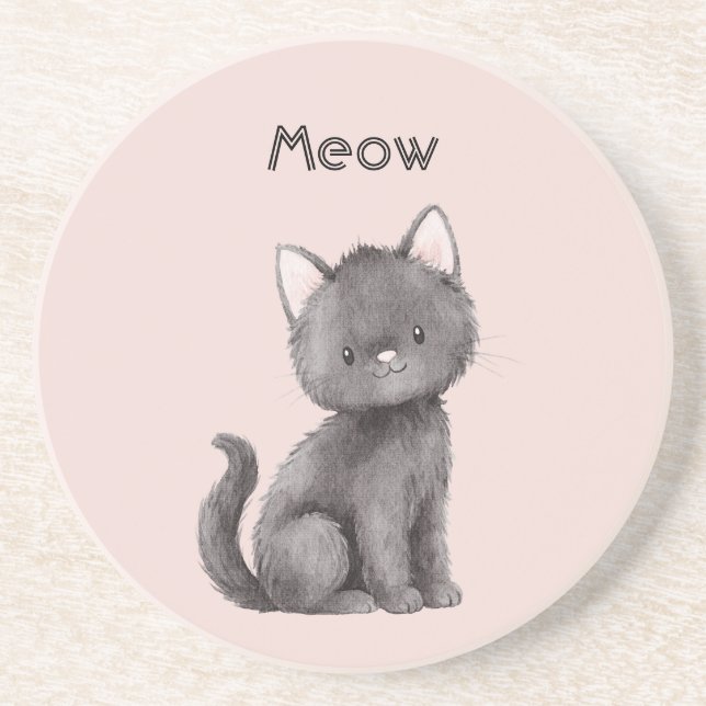 Posavasos Gato negro lindo rosa Kitty Cat  (Frente)