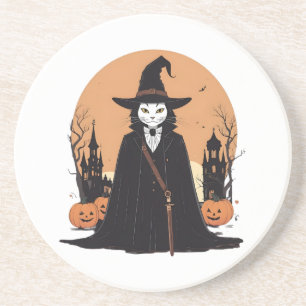 Posavasos Gato negro místico salem con calabazas
