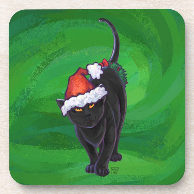 Posavasos Gato negro navidad en verde (Frente)