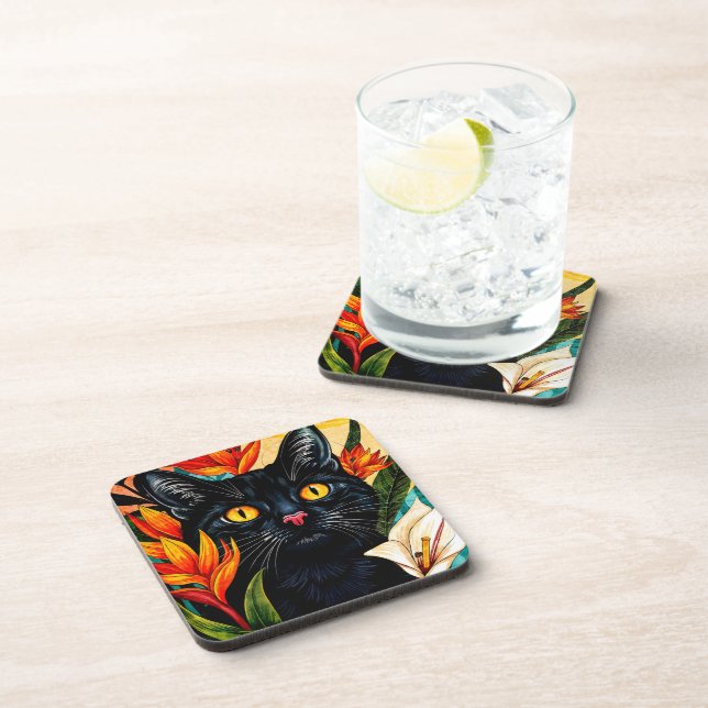 Posavasos Gato Negro Rodeado de Flores (Lado Derecho)
