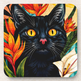 Posavasos Gato Negro Rodeado de Flores