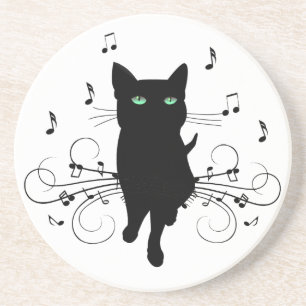 Posavasos Gato negro rodeado de notas de música susurrantes