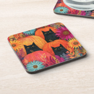 Posavasos Gato negro vigilante Parche de calabaza de otoño