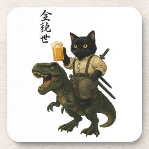 Posavasos Gato Samurái con Cerveza & T-Rex Arte Japonés Re