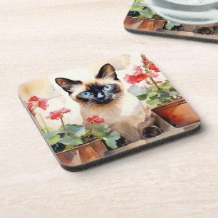 Posavasos Gato siamés Geranios rojos Flores Acuarela Bonito