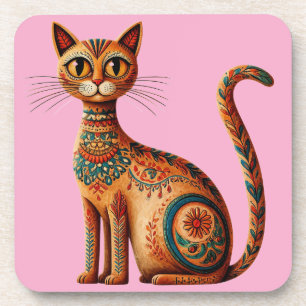 Posavasos Gato tribal boho lindo arte popular con flores