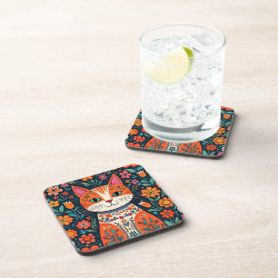 Posavasos Gato y flores de arte folclórico caprichosos