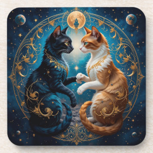 Posavasos Gatos Celestiales en Arte Cósmico con Oro y Azul