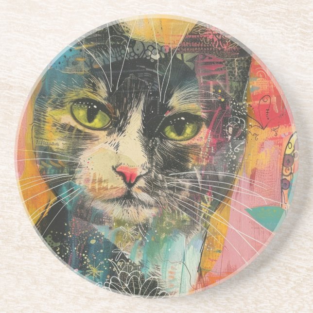 Posavasos Gatos de acuarela Boho - Arte felino de tierra (6) (Frente)