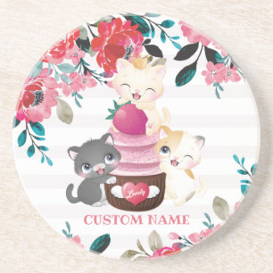 Posavasos Gatos de dibujos animados florales caprichosos Cup