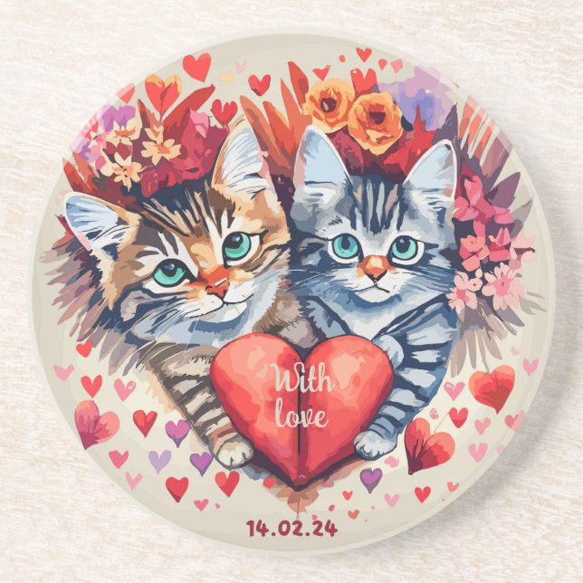 Posavasos Gatos de San Valentín con corazón (Frente)