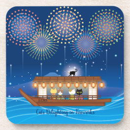 Posavasos Gatos deslumbrando en fuegos artificiales a bordo 