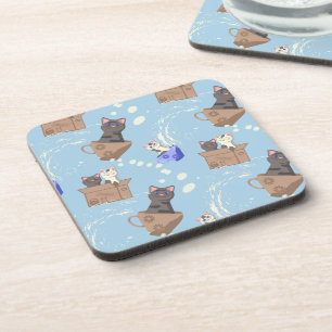 Posavasos Gatos en caja y gotas de leche en azul