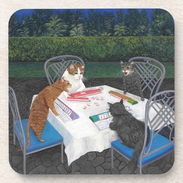 Posavasos Gatos jugando Mahjong (Frente)