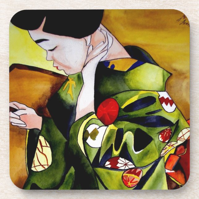 Posavasos Geisha cute con kimono verde arte original (Frente)