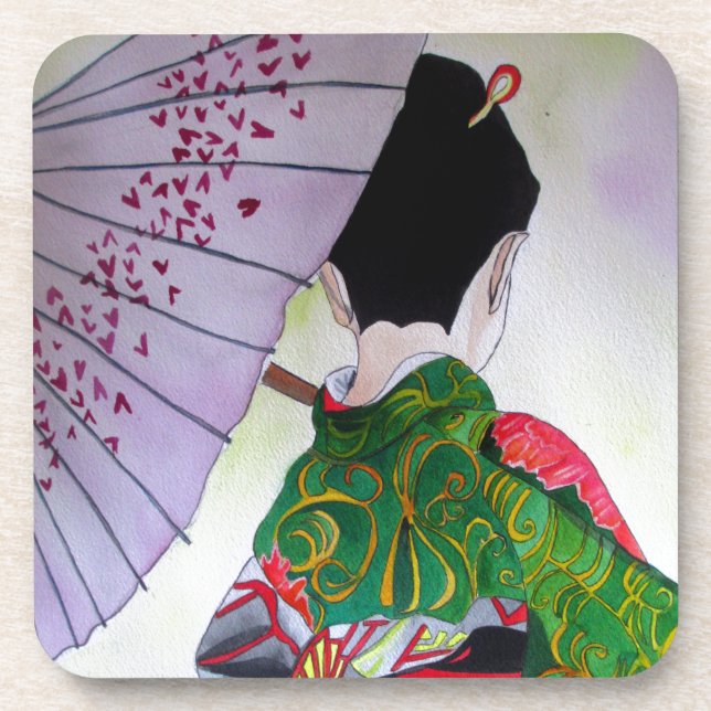 Posavasos Geisha japonesa con kimono y paraguas (Frente)