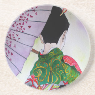 Posavasos Geisha japonesa con kimono y paraguas