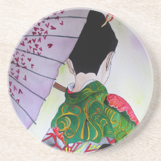 Posavasos Geisha japonesa con kimono y paraguas (Frente)