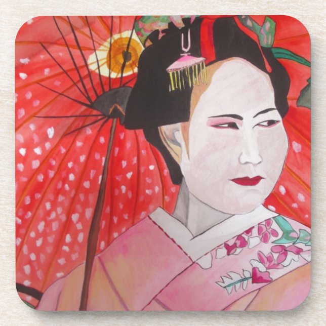 Posavasos Geisha japonesa con paraguas rojos arte original (Frente)