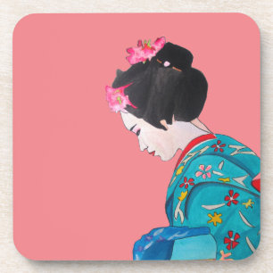 Posavasos Geisha linda japonesa con flores de cerezo