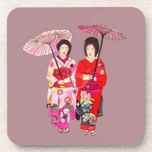 Posavasos Geisha lindo japonés con el kimono rosado
