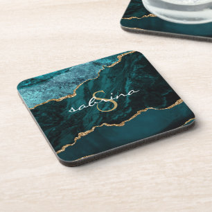 Posavasos Geoda de ágata azul turquesa con monograma dorado
