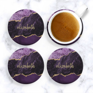 Posavasos Geoda de ágata personalizada morada arenisca dorad