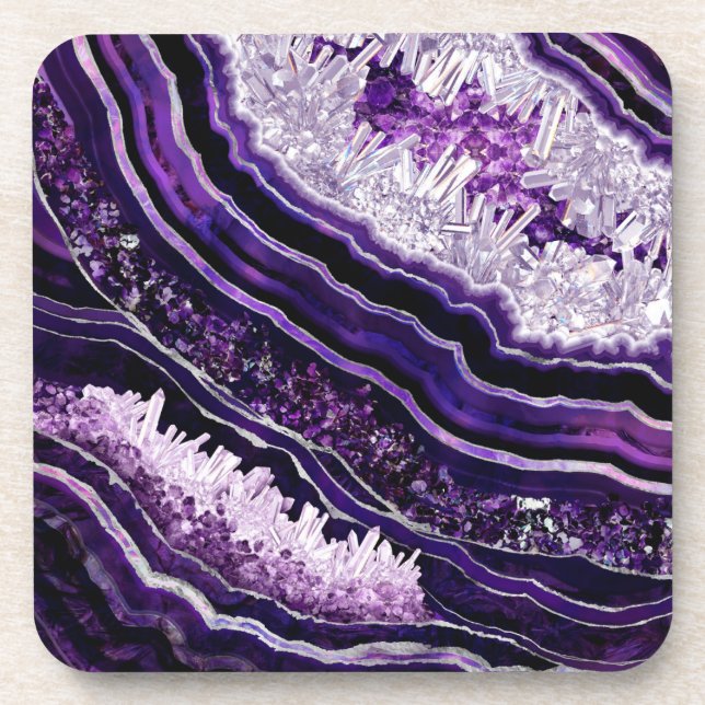 Posavasos Geode púrpura y arte digital plateado (Frente)