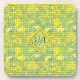 Posavasos Geométrico de abstracto amarillo y verde monograma