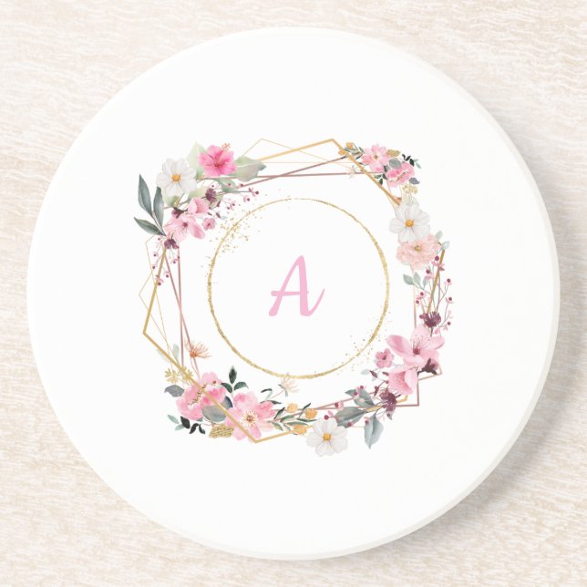 Posavasos geométrico de arenisca dorada con flores (Frente)
