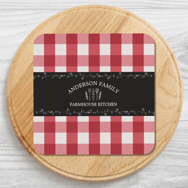 Posavasos Gingham Rojo Rústico de Campo Pizarra Negra (Close up)