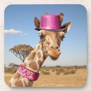 Posavasos Giraffe en gorra rosa brillante